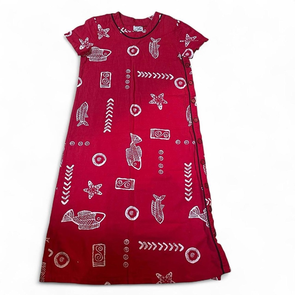 Women’s Islandwear by Sidan red and white maxi dress with a boho vibe